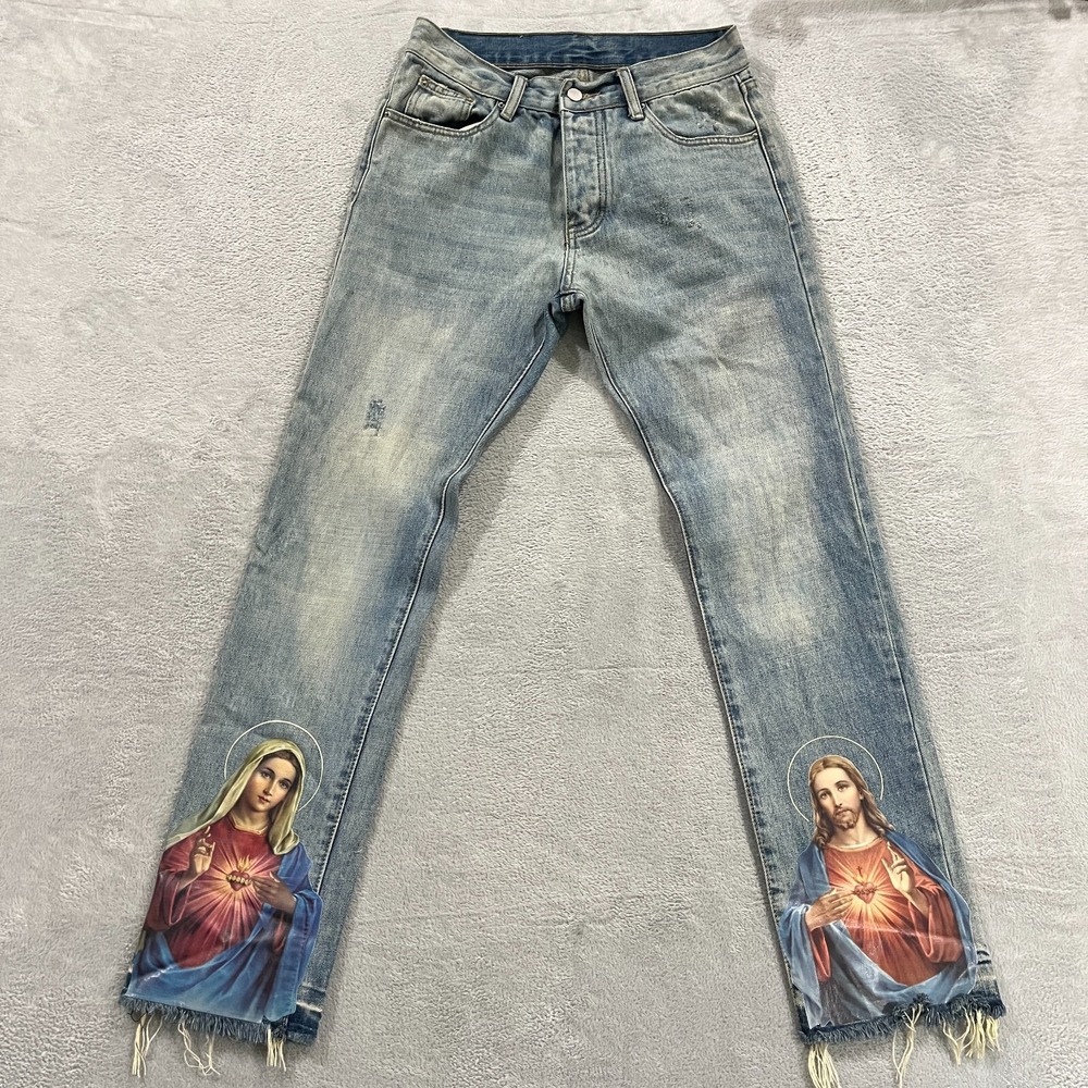 MNMI Jeans Mens 29x31 JESUS/ SANTA MARIA Print‎ Holy Skinny Acid Wash Button Fly